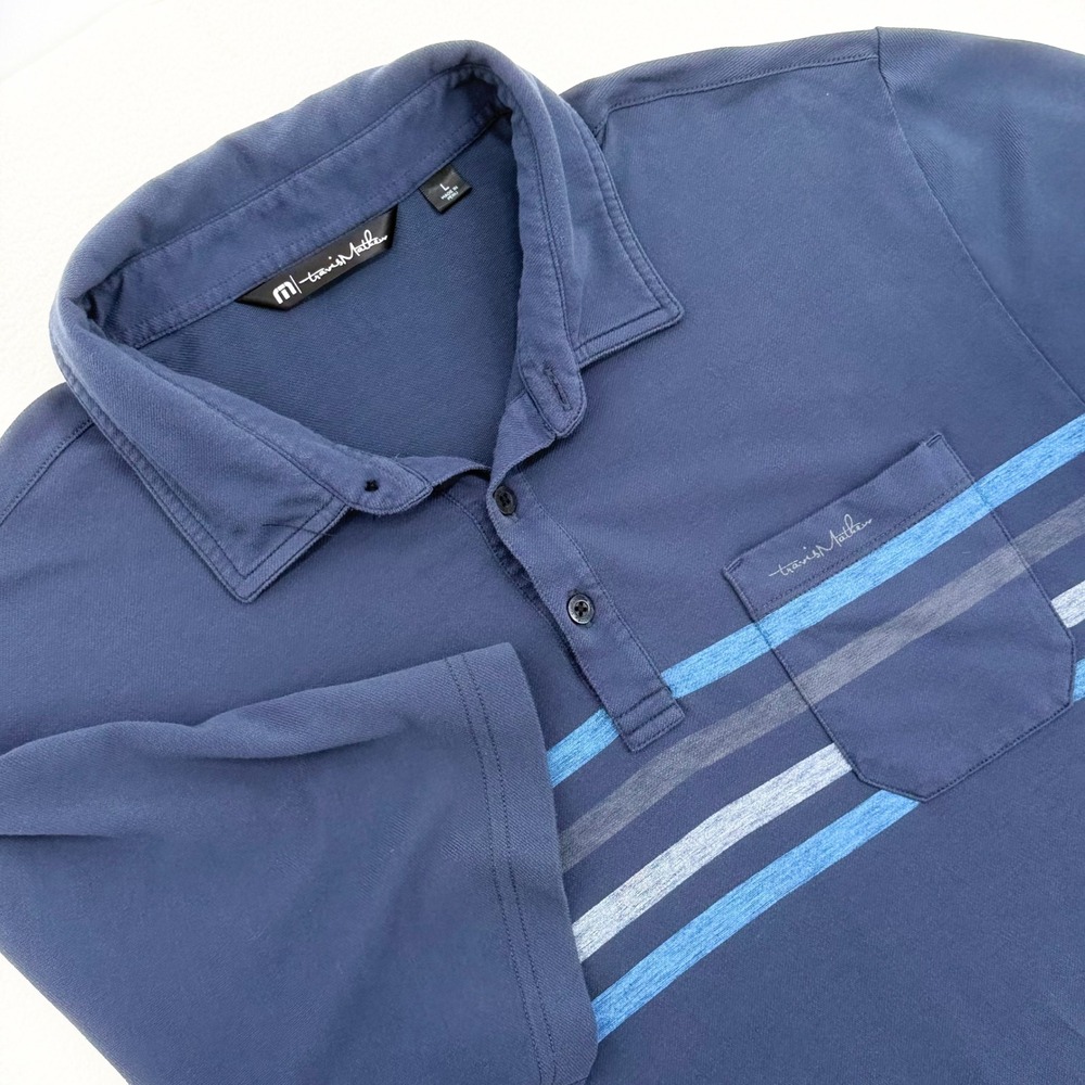 TravisMathew Polo Shirt Mens Large Blue Striped Short Sleeve Excellent